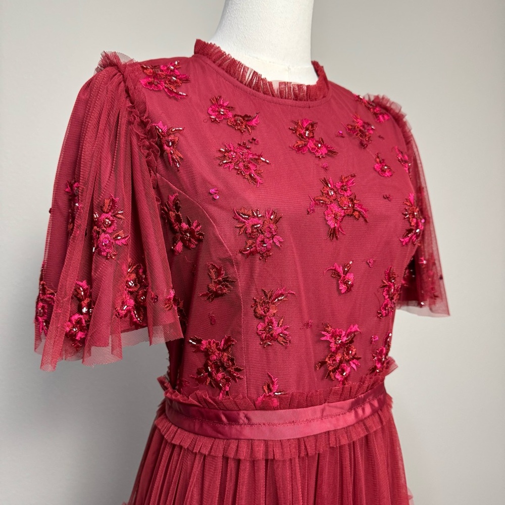 Ivy City Co. Anastasia Dress Sz M Dark Red Midi Embellished Tulle Holiday Party - Picture 4 of 14